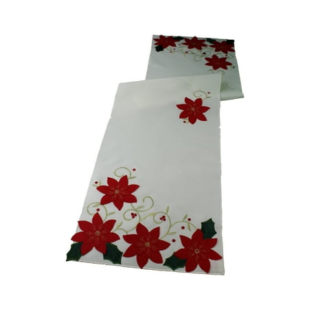  Christmas Decorative Red Poinsettias With Embroidered Design Runner