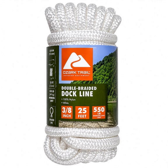 Ozark Trail Double-Braided Nylon Marine Dock Line, 3/8 in x 25 ft, Up to 20 ft Boats, 550 lb Maximum Working Load, White
