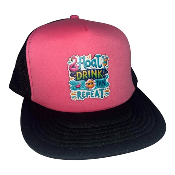 District Flat Bill Snapback Trucker Cap with full color Float Drink Tan Repeat Patch