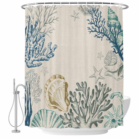 Coastal Coral Shower Curtain, Waterproof Shower Curtains for Bathroom, Turquoise Blue Shell Conch Starfish Washable Fabric Bathtub Curtain Set Bath Decor with 12 Hooks 72"x78"