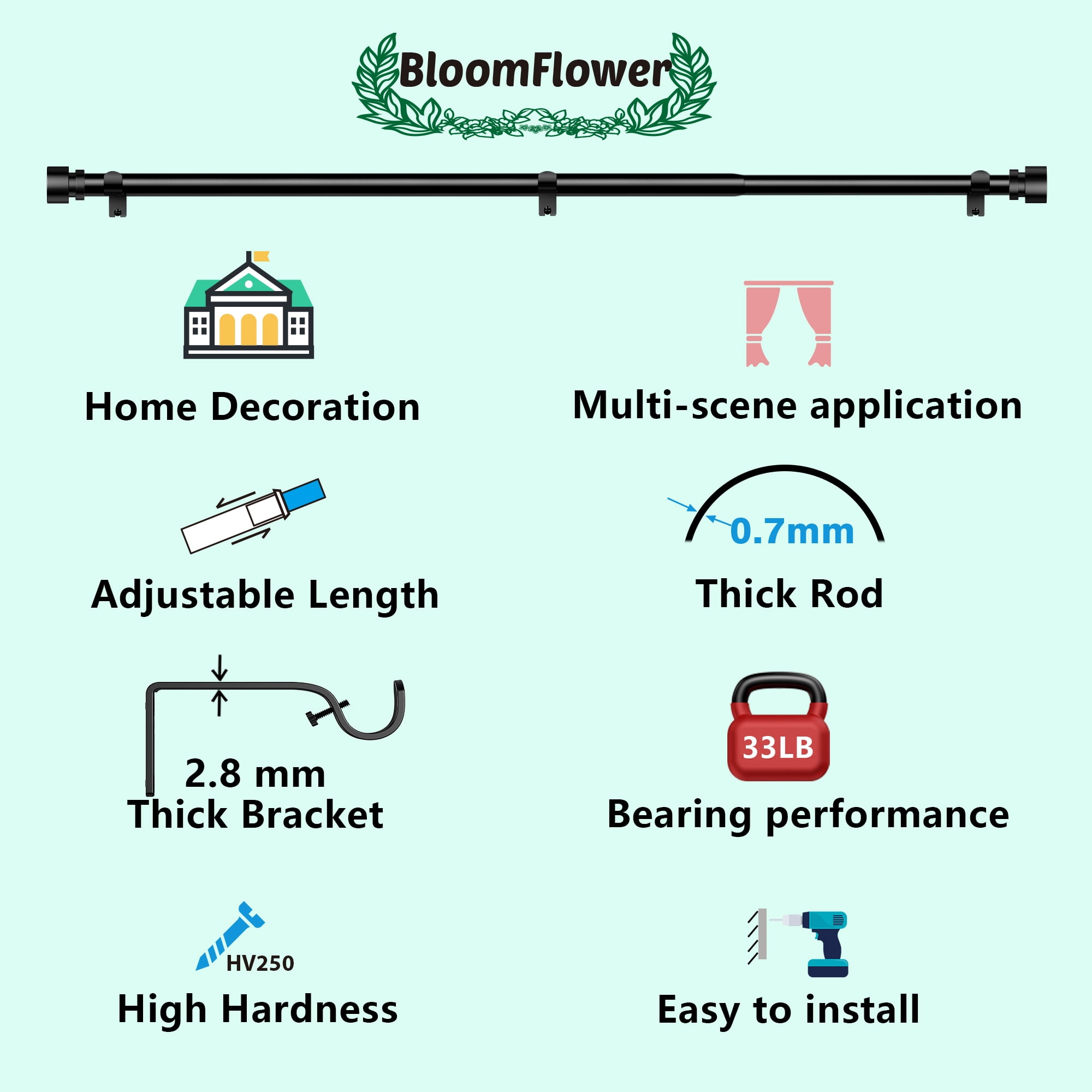 BloomFlower Curtain Rods 18-92 inch, for Window 84 Inch, Adjustable Length Heavy Duty Diameter 7/8 inch, Modern Finials, Black