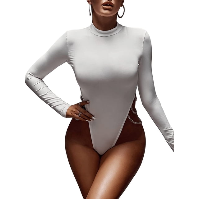 Women's Basic Solid Turtleneck Long Sleeve Bodysuits Jumpsuits Stretchy Romper
