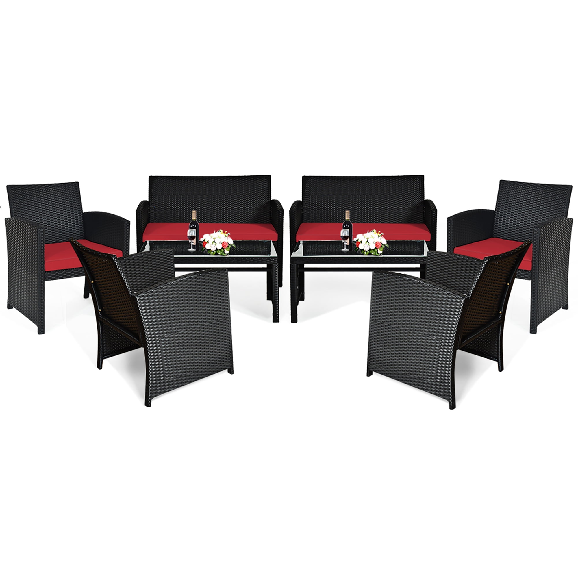 Costway 8PCS Patio Rattan Furniture Conversation Set Cushion Sofa Table Garden Red