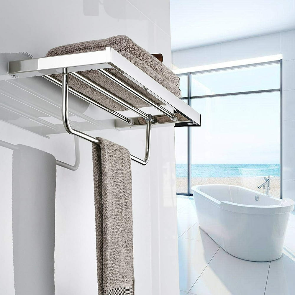 Towel Rack Shelf with Single Fold able Towel Bar Holder Bath Towel