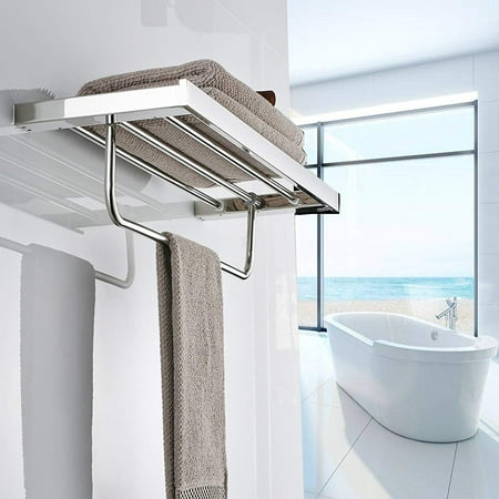 Towel Rack Shelf With Single Fold Able Bar Holder Bath Hanging 24 Inch Heavy Duty E Saving Wal Towel Rack Shelf With Single Fold Able Bar Holder Bath Hanging 24 Inch Heavy Duty E Saving Wal