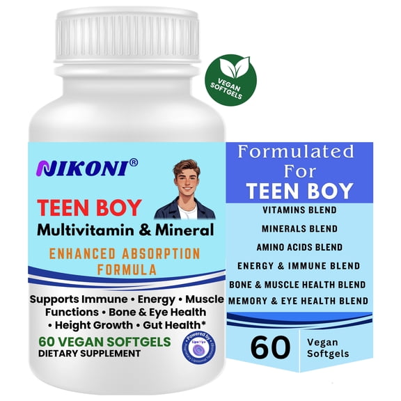 Nikoni Teen Boy Multivitamin and Mineral Vegan Softgels Enhanced Absorption Formula 60 Count