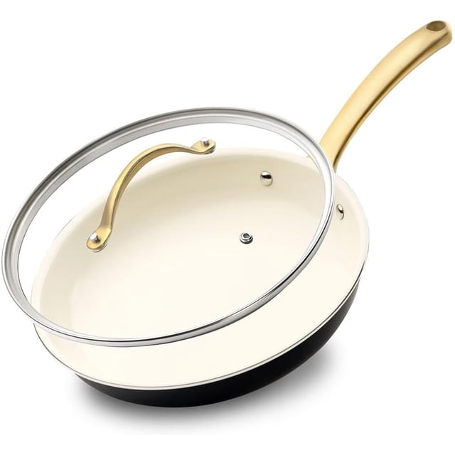 NutriChef, Frying Pan with Lid, 8" Non Stick Skillet, Ceramic Pan, Induction Frying Pan, Stay Cool Handle, Dishwasher Safe, Stain-Resistant, Professional Home Cookware
