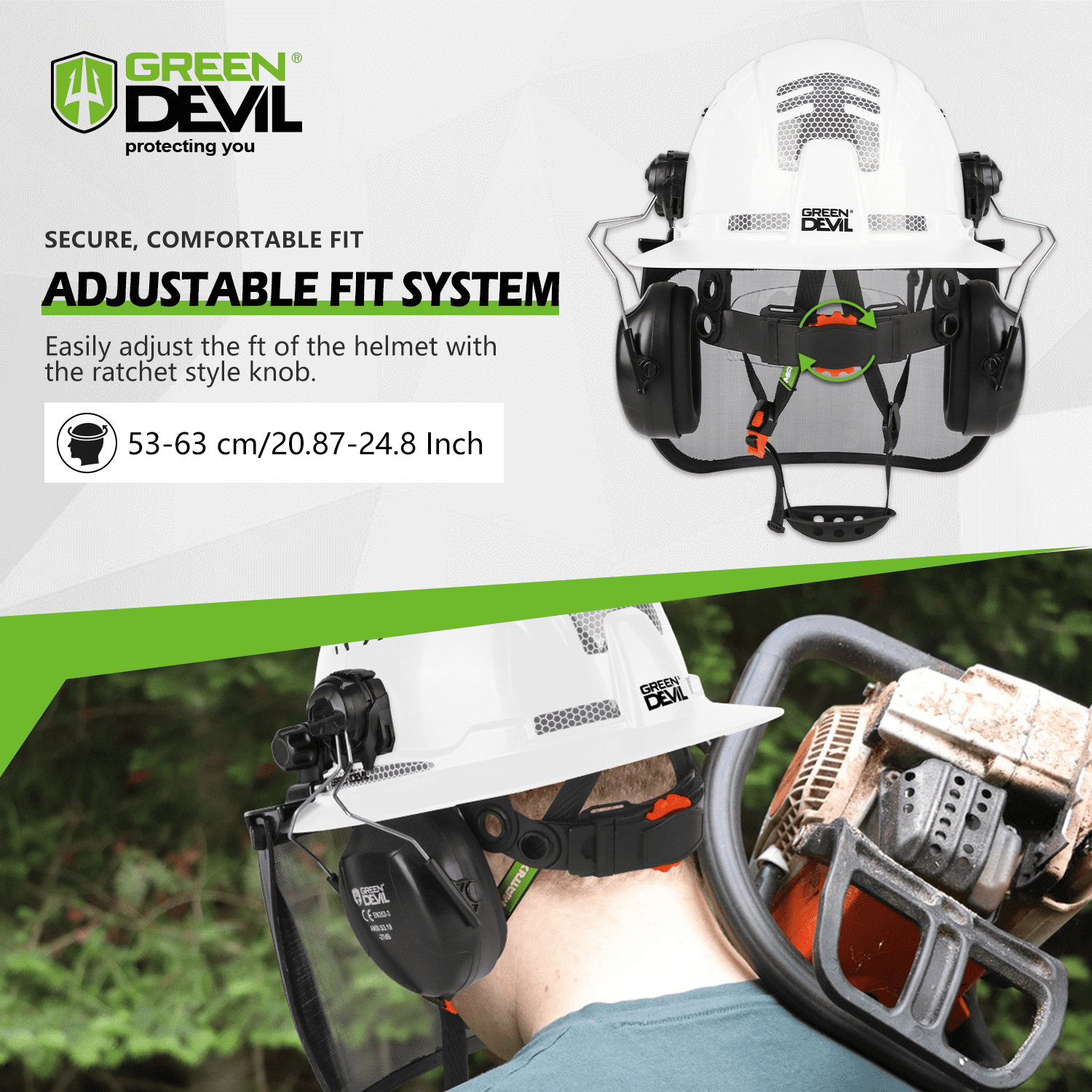 GREEN DEVIL Industrial Chainsaw Helmet with Face Shield Built in Visor and Ear Muffs 4 in 1 System ANSI Z89.1 Full Brim Safety Hard Hat Adjustable Headgear Ideal for Forestry and Arborist Work