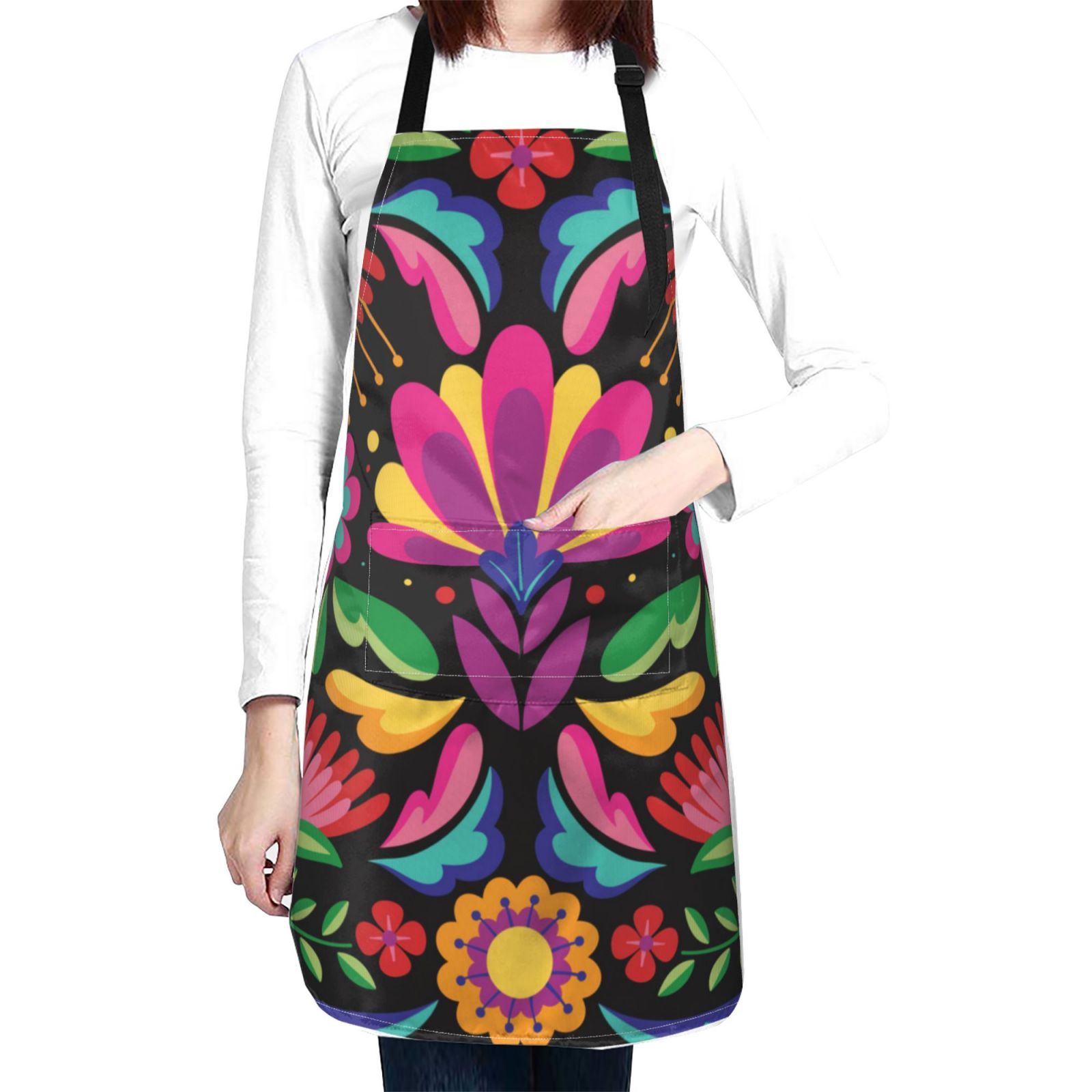 Kdxio Colorful Floral Embroidery Mexican Apron with Pockets Adjustable Kitchen Aprons for Men Women Waterproof Aprons for Cooking,Drawing,Crafting, Baking Household Cleaning