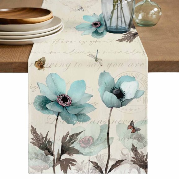 Table Runner 120 Inches Long for Kitchen Dining, Teal Spring Floral Dresser Scarf Farmhouse, Dining Table Decorations for Wedding/Parties, Vintage Botanical Retro Art 13 x 120 In