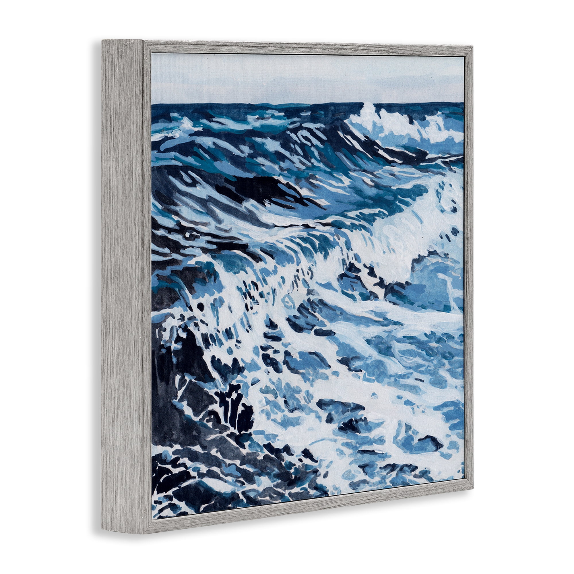 Stupell Industries Blue Rolling Waves Landscape Painting Gray Framed Art Print Wall Art, 24 x 24
