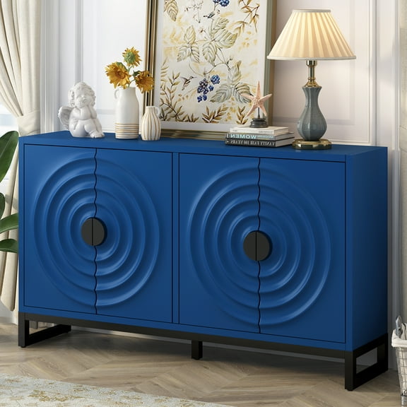 Style Storage Cabinet Sideboard Wooden Cabinet with Stunning Water Wave Door Design, Rubberwood Veneer and Adjustable
