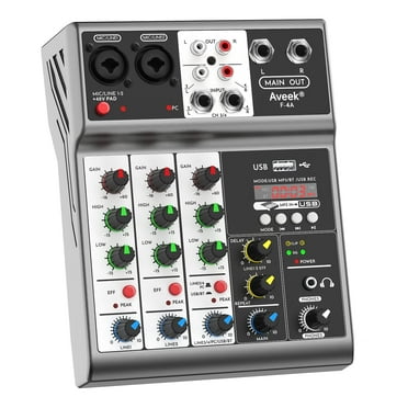 Aveek Professional Audio Mixer, Sound Board Mixing Console with 4 Channel Digital USB Bluetooth Echo Delay Effect, Input 48V Phantom Power Stereo DJ Mixers for Recording, Live Streaming, Podcasting