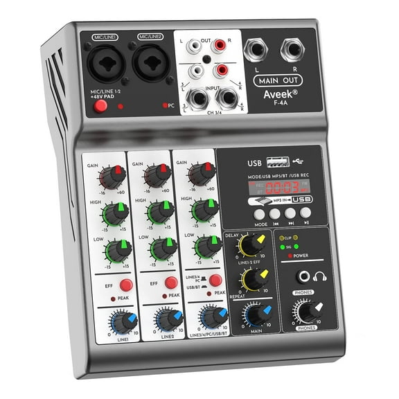 Aveek Professional Audio Mixer, Sound Board Mixing Console with 4 Channel Digital USB Bluetooth Echo Delay Effect, Input 48V Phantom Power Stereo DJ Mixers for Recording, Live Streaming, Podcasting