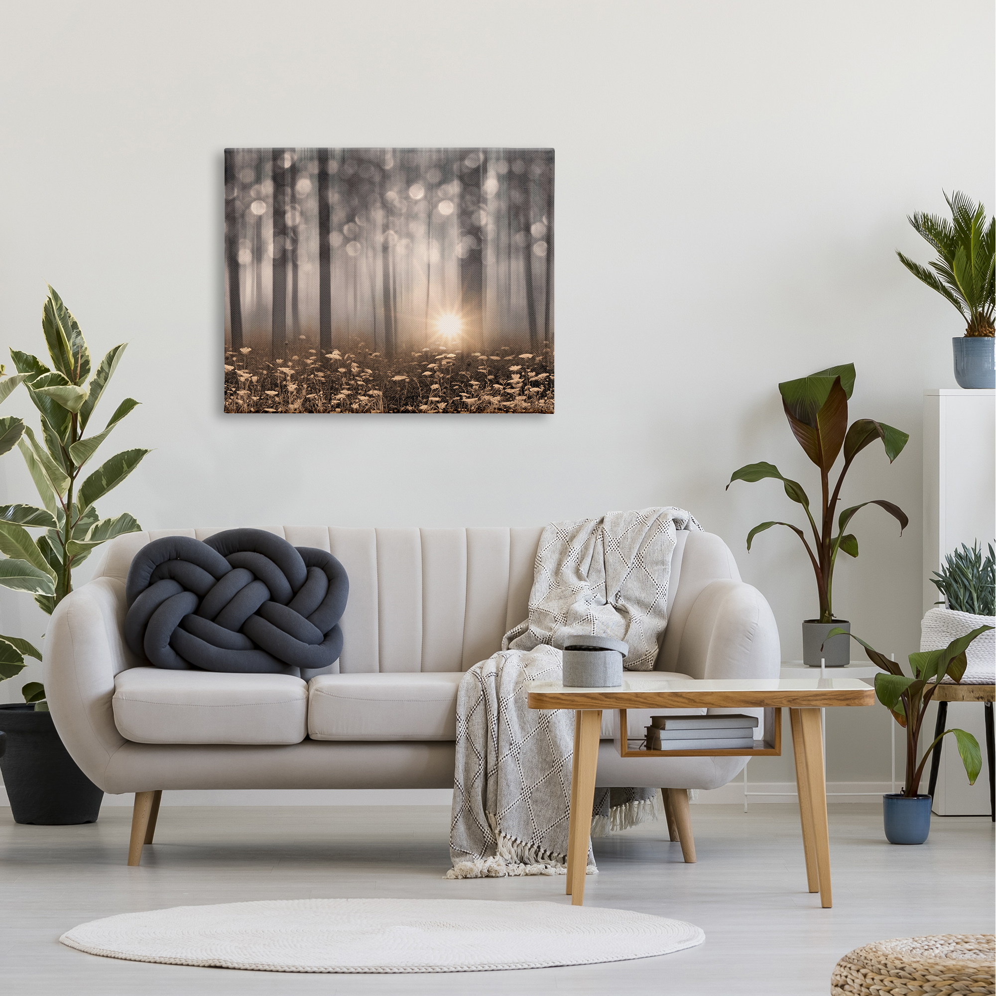 Wild Flowers Foggy Forest Sunrise Horizon Bokeh Photography Canvas Art, 40 x 30, Design By Artist Lori Deiter