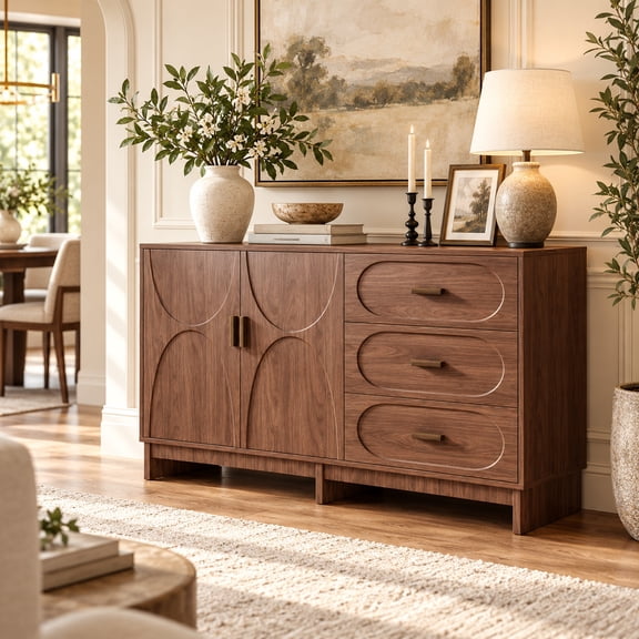 47.2" Mid Century Modern Buffet Cabinet with Storage, Walnut Sideboard Credenza with 3 Drawers and Adjustable Shelf for Dining Room