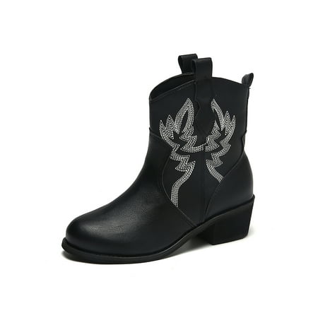 

Colisha Women Western Booties Slip On Ankle Boots Casual Winter Boot Work Anti-slip Fashion Bootie Embroidered Shoes Black 8.5