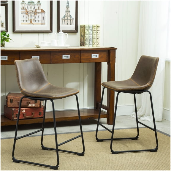 Set of 2 Antique Brown Counter Height Stools, Faux Leather Upholstered Bar Stools with Metal Legs