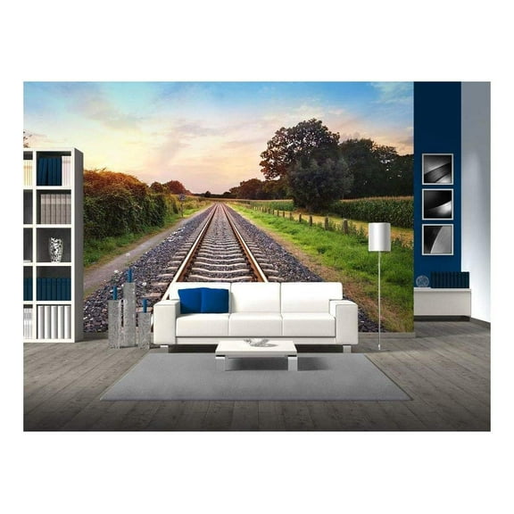wall26 - Railway Tracks in a Rural Scene with Nice Pastel Sunset - Removable Wall Mural | Self-Adhesive Large Wallpaper - 66x96 inches
