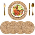 thumbnail image 1 of Paquete de 4 manteles individuales tejidos para mesa de comedor, redondos, de jacinto de agua natural, de mimbre y ratán, resistentes al calor, antideslizantes, hechos a mano (30 cm), 1 of 8