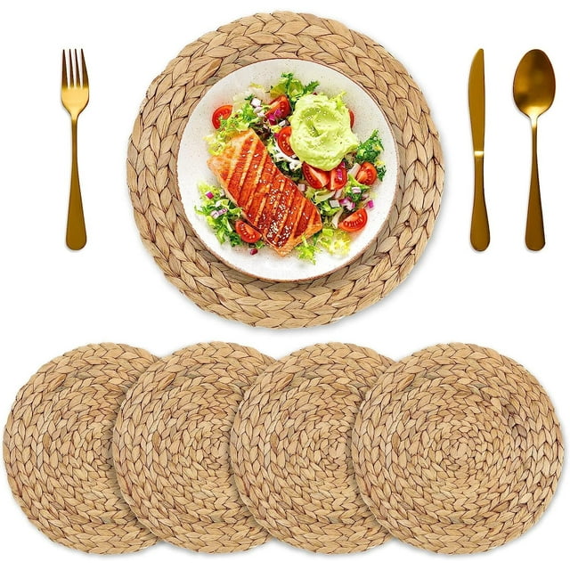 Paquete de 4 manteles individuales tejidos para mesa de comedor, redondos, de jacinto de agua natural, de mimbre y ratán, resistentes al calor, antideslizantes, hechos a mano (30 cm)