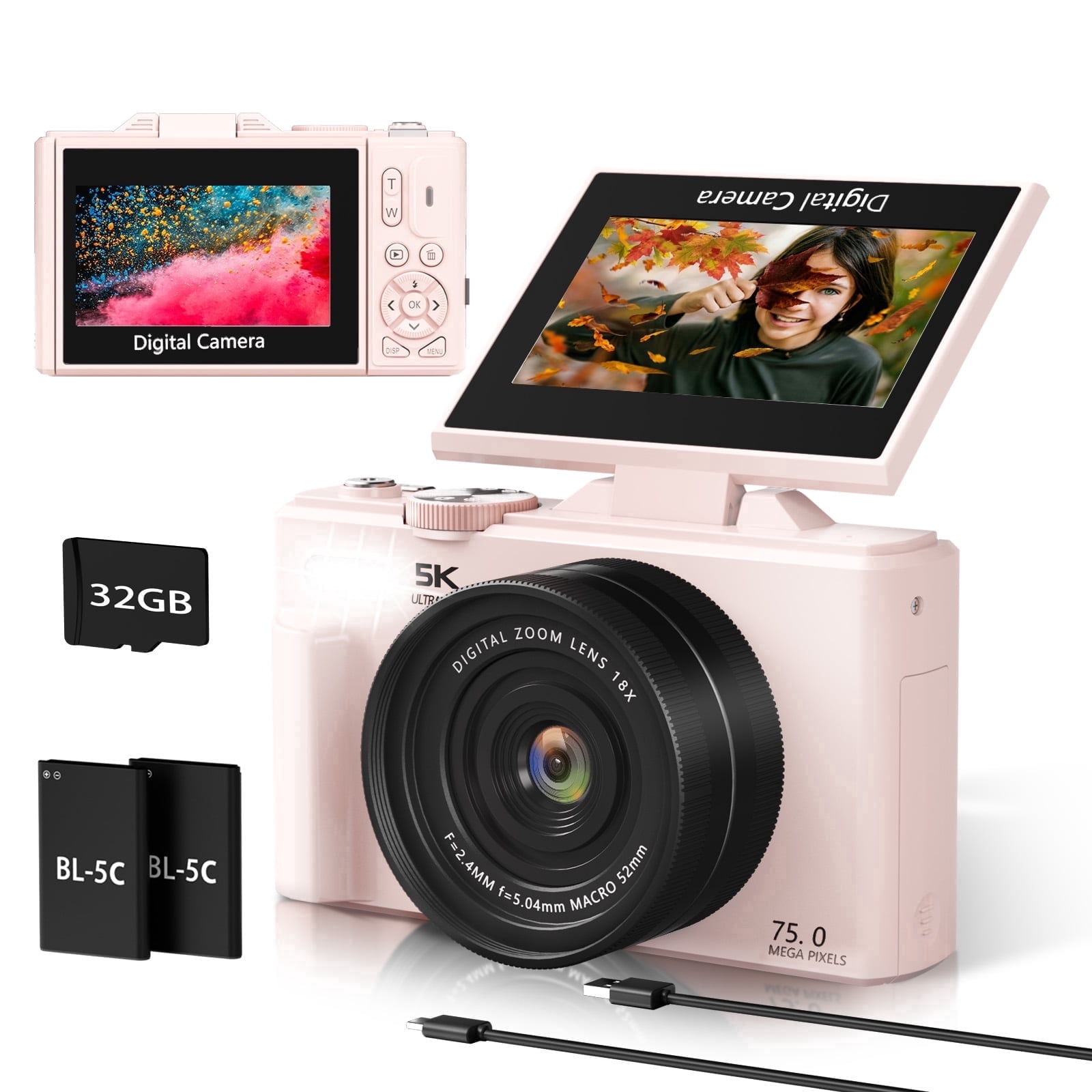 XLURC 5K Digital Camera 75MP WiFi Autofocus Vlogging Camera for Youtube 3" 180° Flip Screen 18X Zoom Travel Cameras for Beginner & Teen with 32GB Card (Pink)