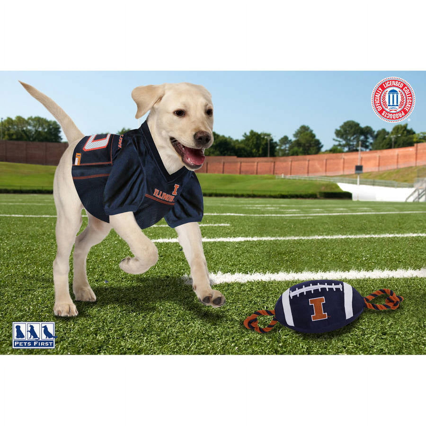 Pets First NCAA Illinois Fighting Illini Strong, Durable, Chewable Football Dog Toy with Inner Squeaker and Side Ropes, Officialy Licensed