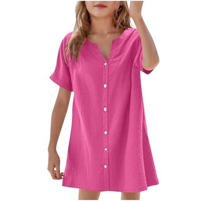 breaise Robe Fille Mignonne à Boutons, Robe Chemise d'Été à Manches Courtes, Robe Trapèze, Coupe Droite Évasée, Robe T-Shirt d'Été Rose Vif 150