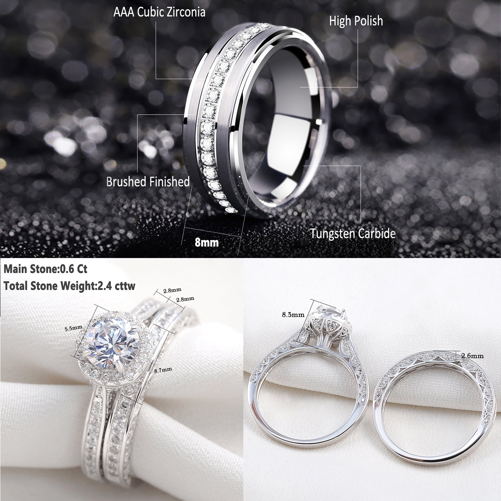 Newshe Wedding Rings Set for His and Hers Women Mens Tungsten Wedding Bands Round Cz 3Ct Couple Rings Size 9&7