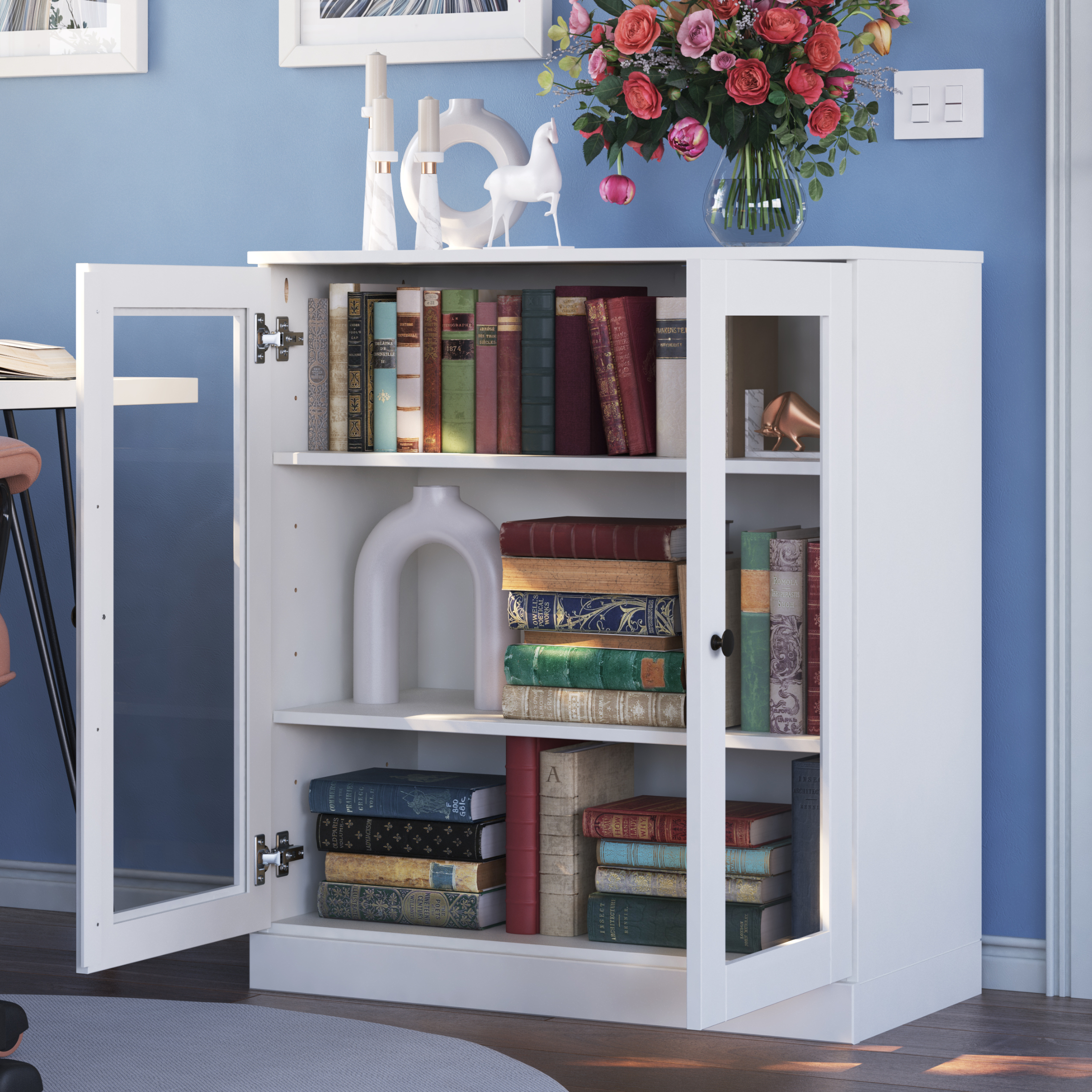 Palace Imports 100% Solid Wood 3-shelf Bookcase with Adjustable Shelves and Glass Doors, White