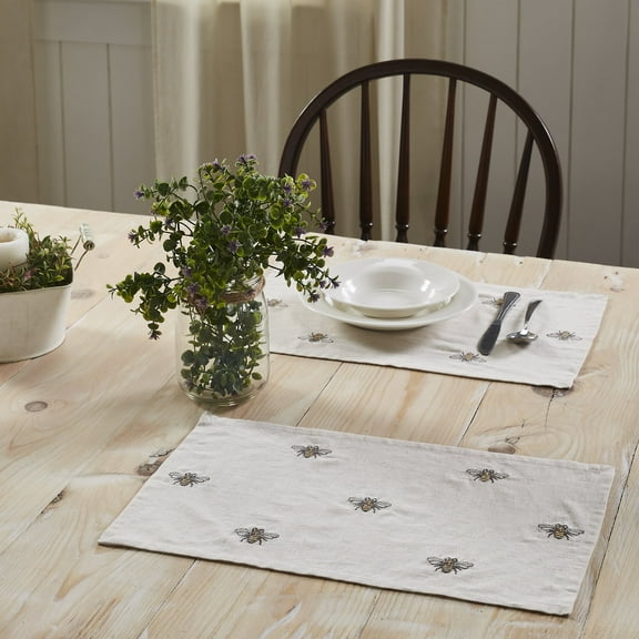 VHC Brands Embroidered Bee Farmhouse Table Placemat, Honey Bee, 12x18, Placemat Set of 6