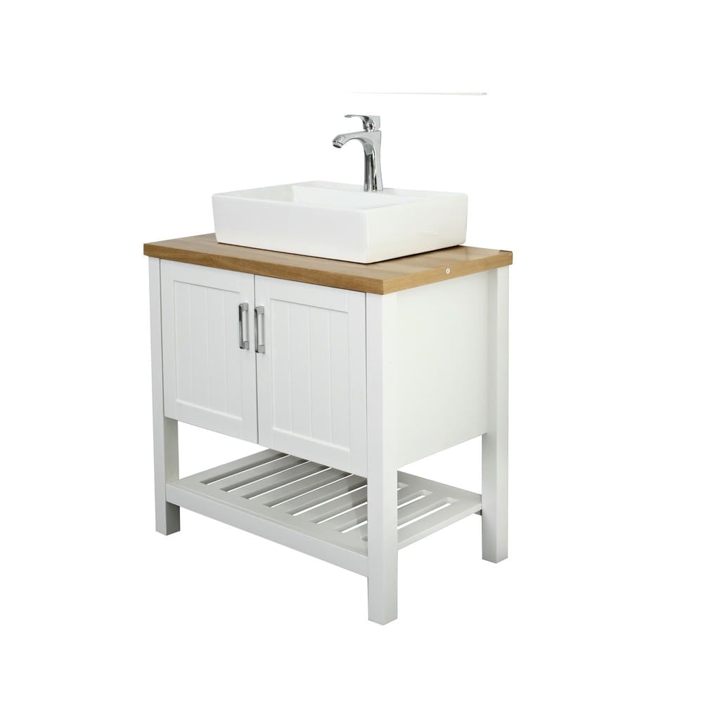 Canddidliike 32" Bathroom Vanity with Sink,Single Bathroom Vanities Cabinet with Doors and Open Shelf,Solid Wood Small Vanity with Sink Set for Indoor as Bathroom, White+Natural
