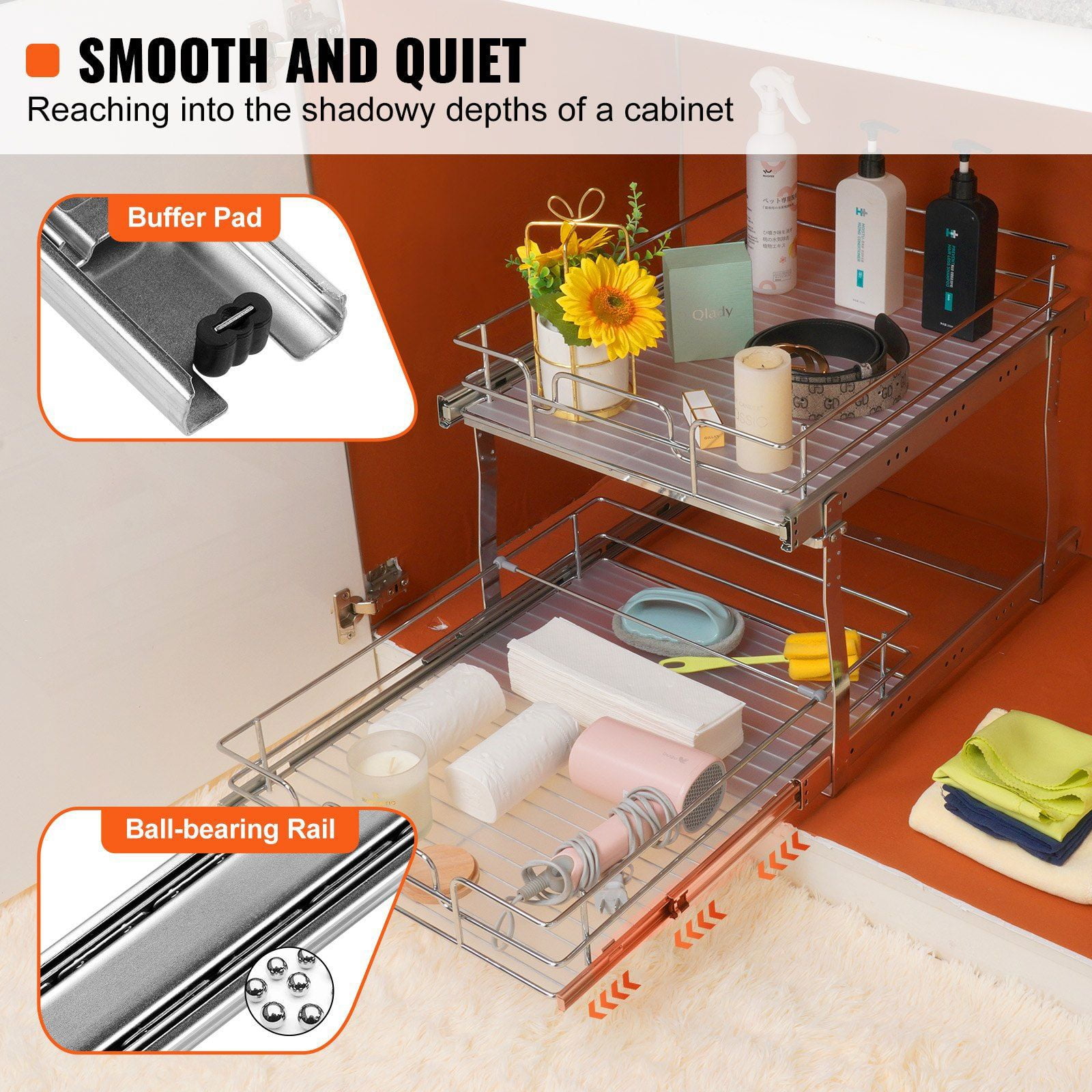 2-Tier Wire Pull Out Cabinet Under Sink Organizer, 1 pack Heavy Duty Slide out Drawer, Chrome-Plated Steel Roll Out Drawers for Home, Inside Kitchen Cabinet, Bathroom, Under Sink