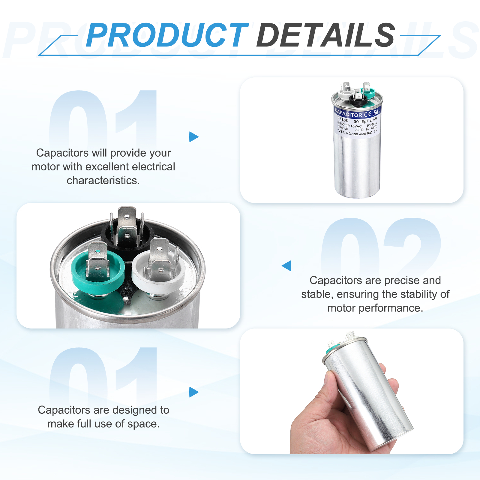 Uxcell 2Pcs 30+5 MFD CBB65 Run Start Capacitor 30+5 uF, 370/440V Round AC Capacitor for AC Motor Run, HVAC, Air Conditioner, Condenser Motors