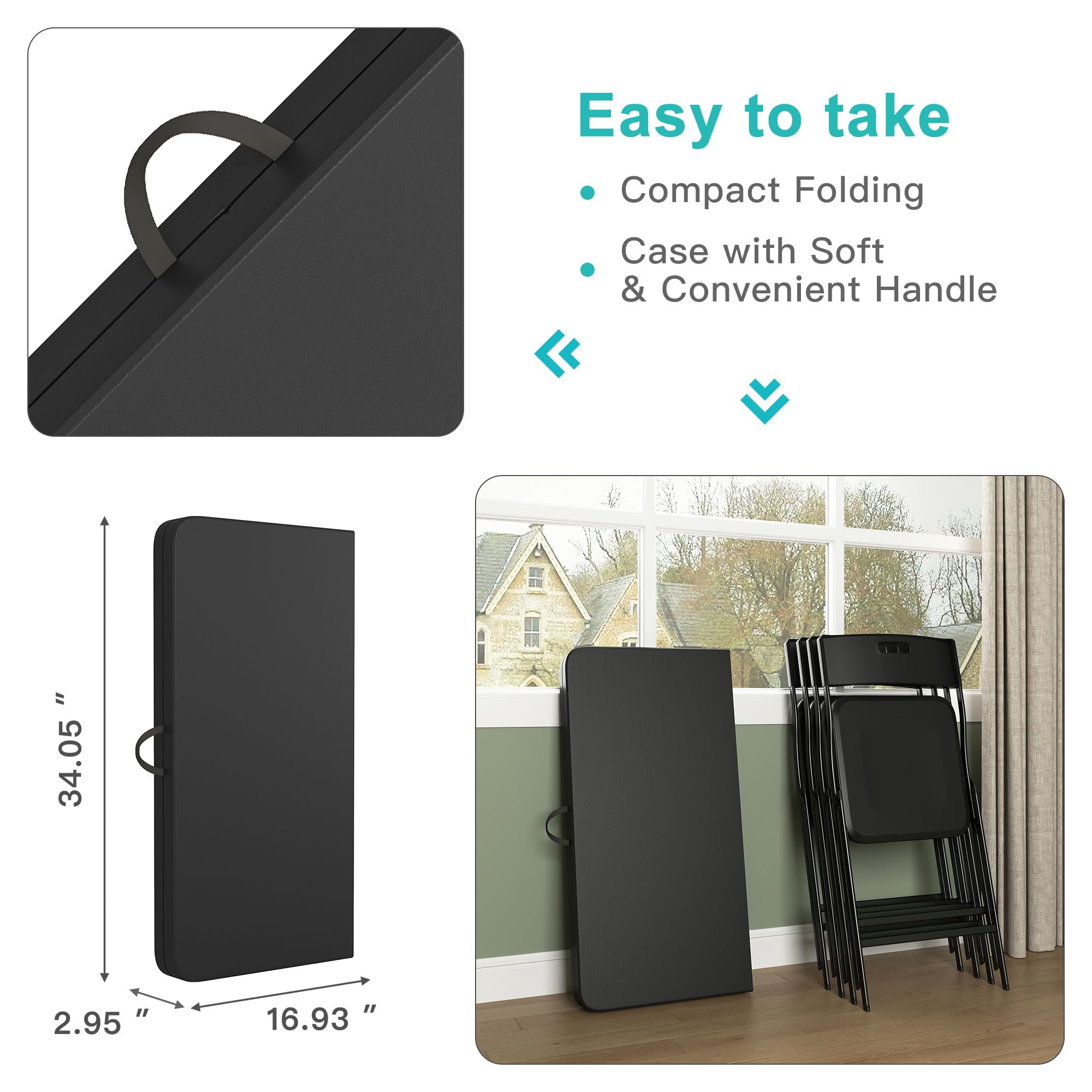 Demi Bonn 5-Piece Folding Multipurpose Card Table Set with 4 Chair, 4 Players Camping Table Chair Set for Indoor or Outdoor Use, Black