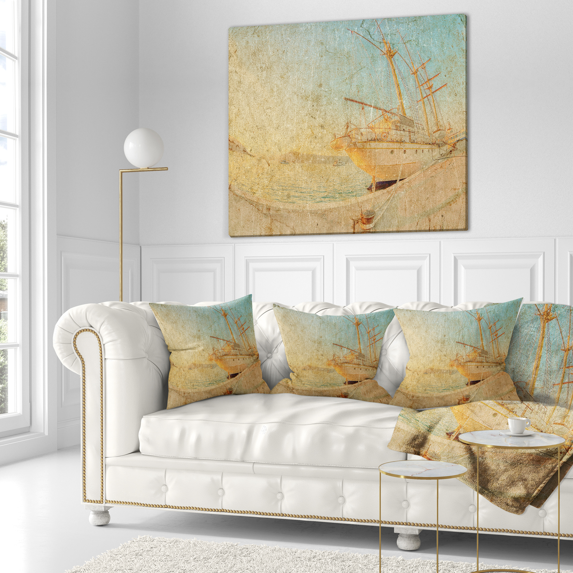 Designart Old Sailing Ship in Sunlight - Seascape Throw Pillow - 16x16
