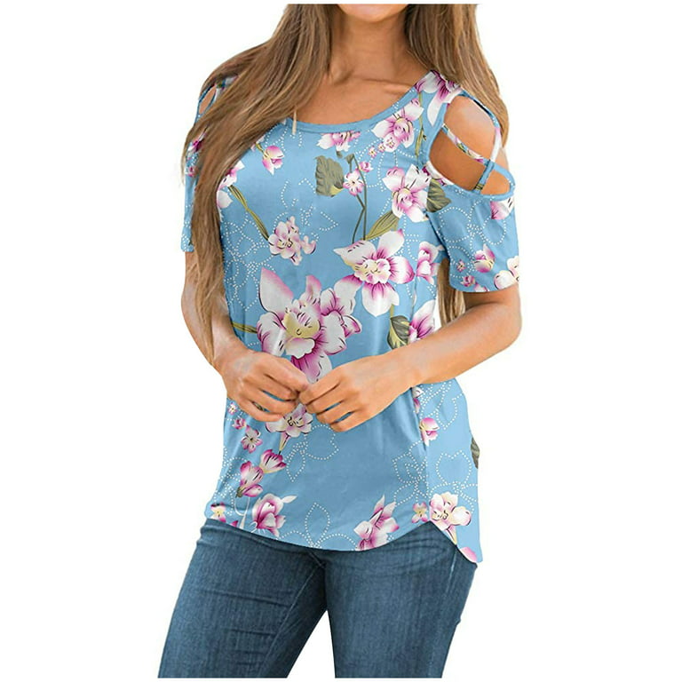 Womens Cold Shoulder Tops 2023 Summer Casual Trendy Short Sleeve V Neck T  Shirts Floral Graphic Tees Cute Dressy Blouses in 2023