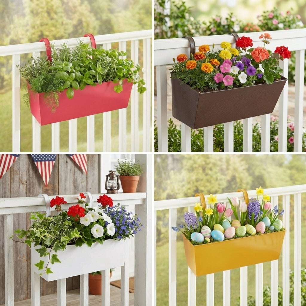 BrylaneHome Outdoor Weatherproof Metal Railing Hanging Flower Garden Windowbox Planter with 3 Drainage Holes