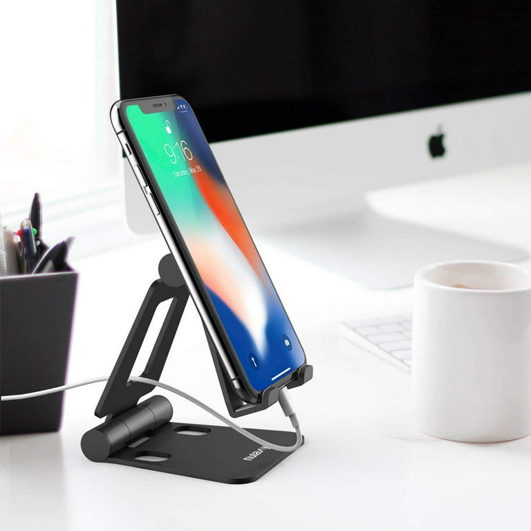NULAXY Phone Stand, Fully Foldable Angle Height Adjustable Mobile Phone  Holder Stand Dock Aluminum Desk Compatible with Phone 15 14 13 12 11 Pro  Max