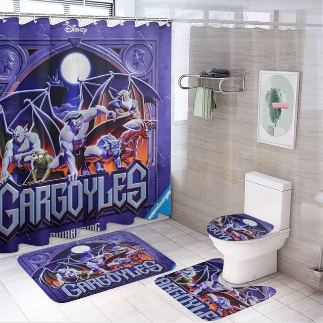 Gárgolas-theme 4-Piece Shower Curtain Set with Rugs, Waterproof Bathroom Decor Set Includes Bath Mat, U-Shaped Rug, Toilet Lid Cover and Curtain with Hooks