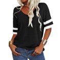 thumbnail image 4 of Stripe Sleeved Women Summer Casual V-neck T-shirt Loose Simple Tops, 4 of 5