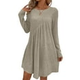 thumbnail image 3 of Women'S Long-Sleeved Dress, Round Neck, High Waist, Irregular Waist Dress Khaki L, 3 of 8