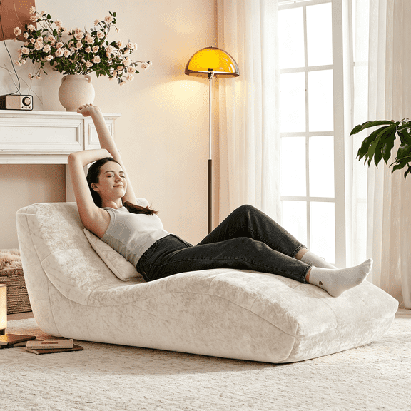 NBLDGT Chaise Lounge Indoor Furniture, Velvet Ergonomic Foam Lounge Chair with Pillow,Living Room Bedroom Sleeper Couch Sofa, No Assembly,Stretching & Relaxation,Beige