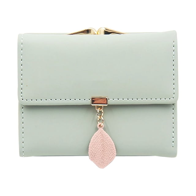 Cartera corta para mujer Laklulu, bolso de tres pliegues con colgante de hoja de poliuretano, monedero