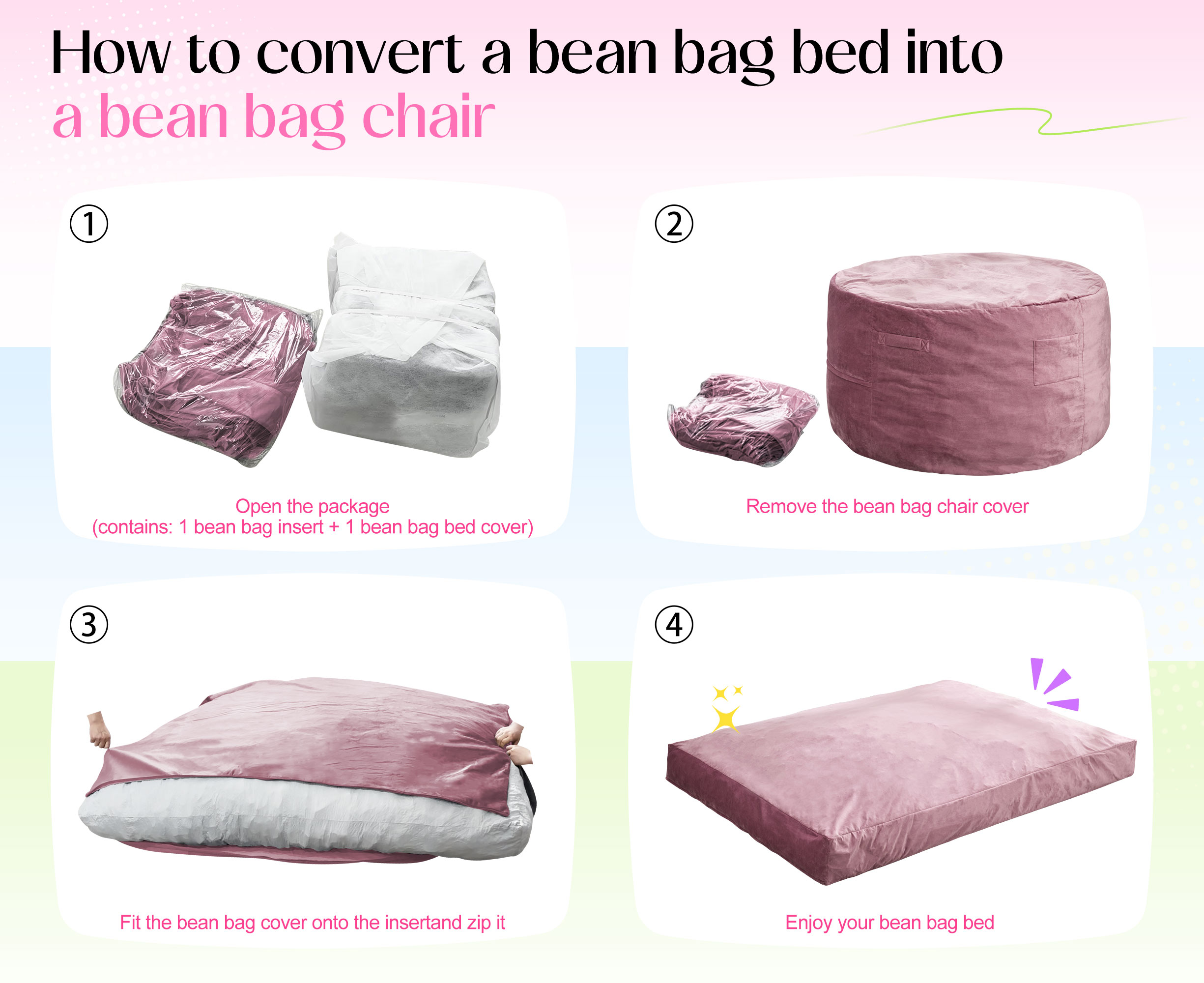 Hobestluk Bean Bag Chair 3 in 1 Beanbag Chairs for Adults, Large Bean Bags with Removable Velvet Cover, Convertible Adult Bean Bag Chair for Living Room, Bedroom, Playroom (Pink, Queen)