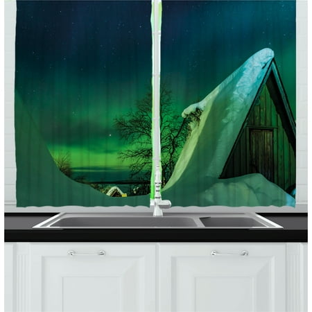 Aurora Borealis Curtains 2 Panels Set, Wooden Roof House Winter Icy Arctic View Cold Climates Air Image, Window Drapes for Living Room Bedroom, 55W X 39L Inches, Dark Blue Jade Green, by