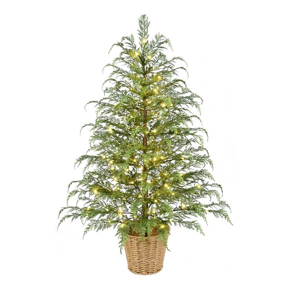 Árbol de Navidad Holiday Time Artificial Con Maceta Preiluminada de 121 cm Luces LED Centelleantes 100 LED Verde