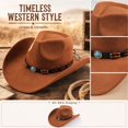 thumbnail image 5 of Vintage Wide Brim Felt Cowboy Hat with Decorative Hat Band, Classic Western Style Fedora Cowgirl Hat, Lightweight Outdoor Travel Party Costume Hat for Men Women Brown, 5 of 7
