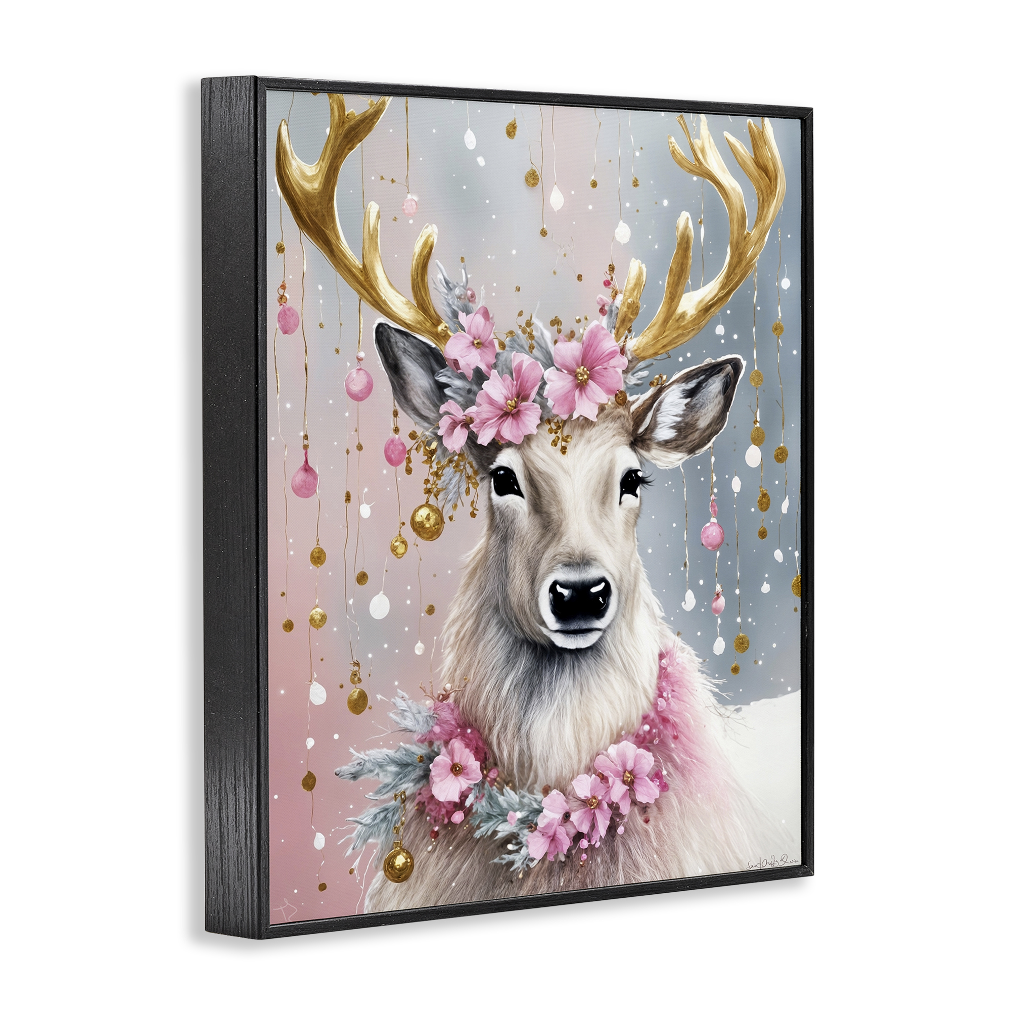 Stupell Industries Pink Floral Festive Reindeer Holiday Painting Black Framed Art Prints Wall Art, 16 x 20