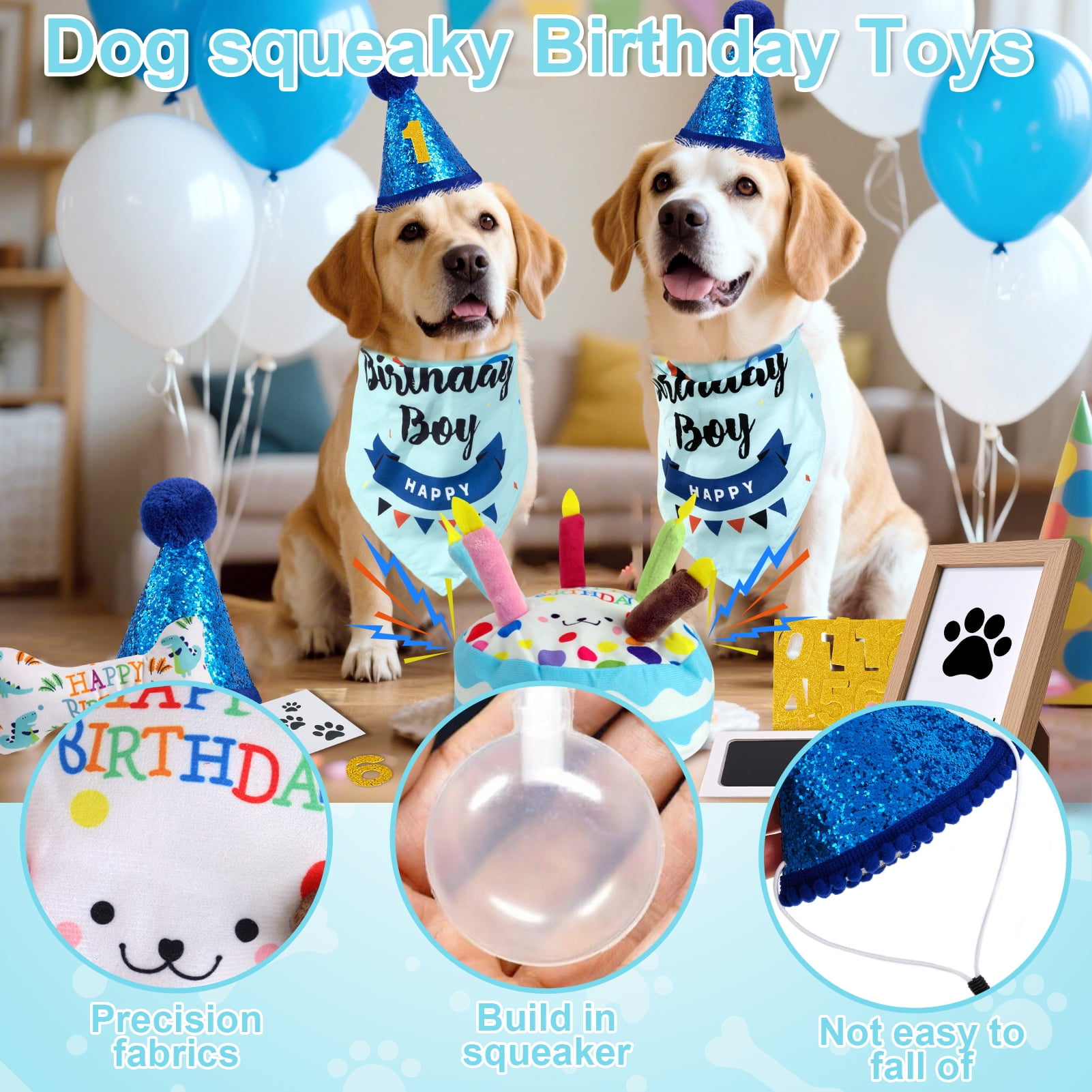 Easy Joy Dog Birthday Toy Set & Decorations for Dogs, Includes Squeaky Cake Toy, Plush Bones, Birthday Hats, Bandana, Paw Print Kit & Photo Frame. Dog Birthday Gift Supplies, Blue